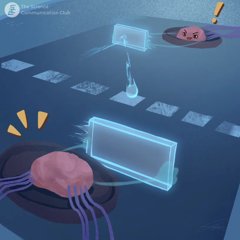 Two sentient neuron tissues attached to wires are sitting on dishes opposite of each other, depicted on diagonal corners of the illustration. They each have ghostly arms holding a board and hitting a ball toward each other, like the game Pong. The far right neuron tissue has an exclamation mark above it, while the close left neuron tissue has three marks above it, depicting liveliness.
