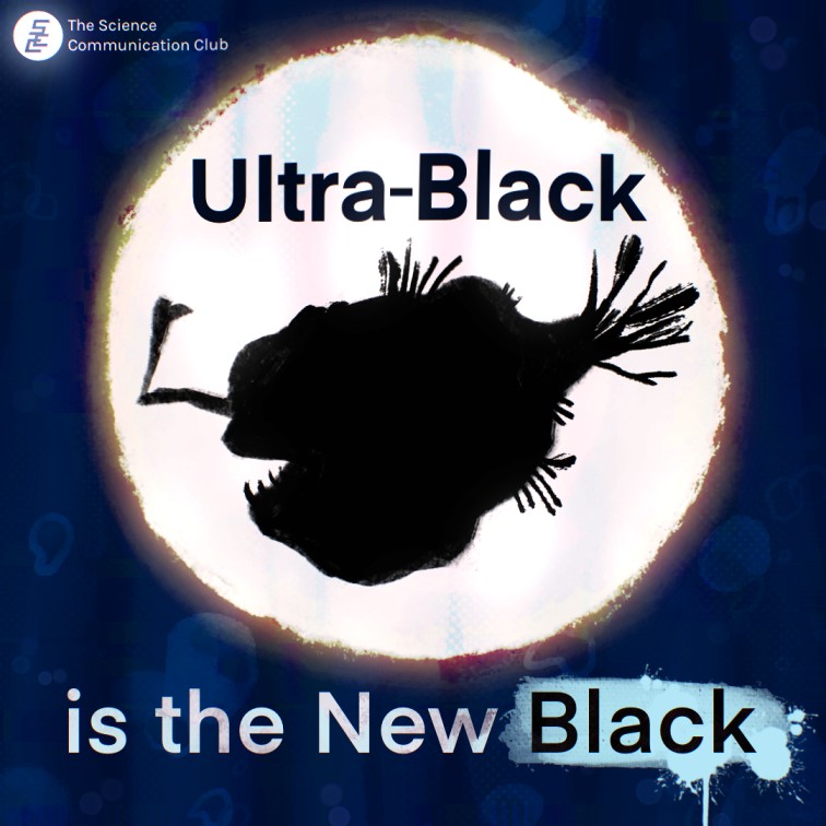 A digital illustration of a pure black anglerfish silhouette overlaid on a white spotlight. The text "ultra-black is the new black" is written across the background.