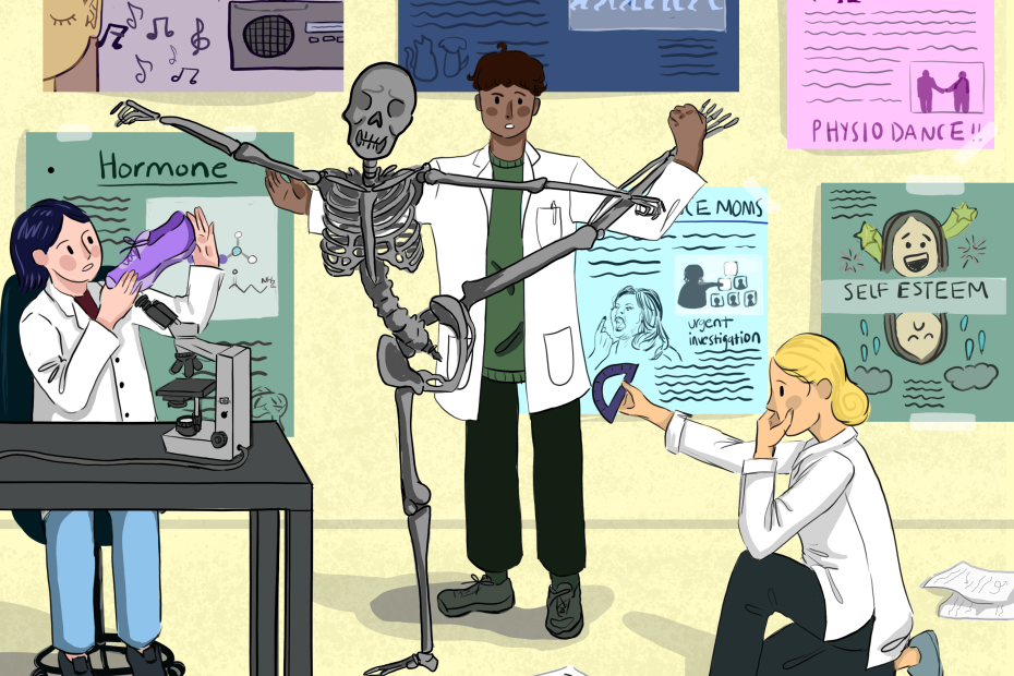 In the middle, a scientist holds a skeleton in a ballet pose. A scientist on the right holds up a protractor to measure the skeleton. Another scientist sits at a desk with a microscope and is studying a shoe. Behind the scientists, many posters are taped to the wall. The posters show different aspects of dance like evolution, hormones, beat, dance moms, physiology, and self-esteem.