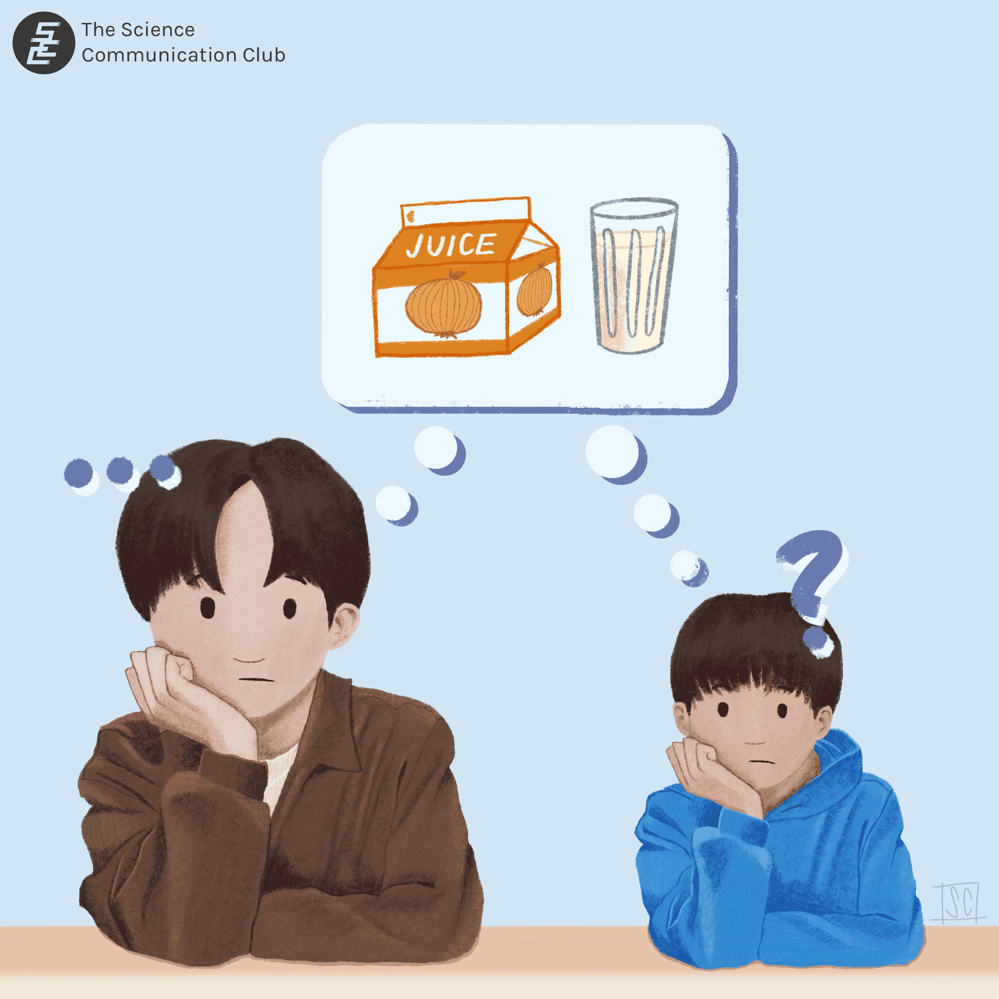 A man and a boy sit next to each other in thought. A thought bubble containing a juice carton with an onion on it and a glass of juice connects them. There is an ellipsis above the man’s head, and a question mark above the boy's head.