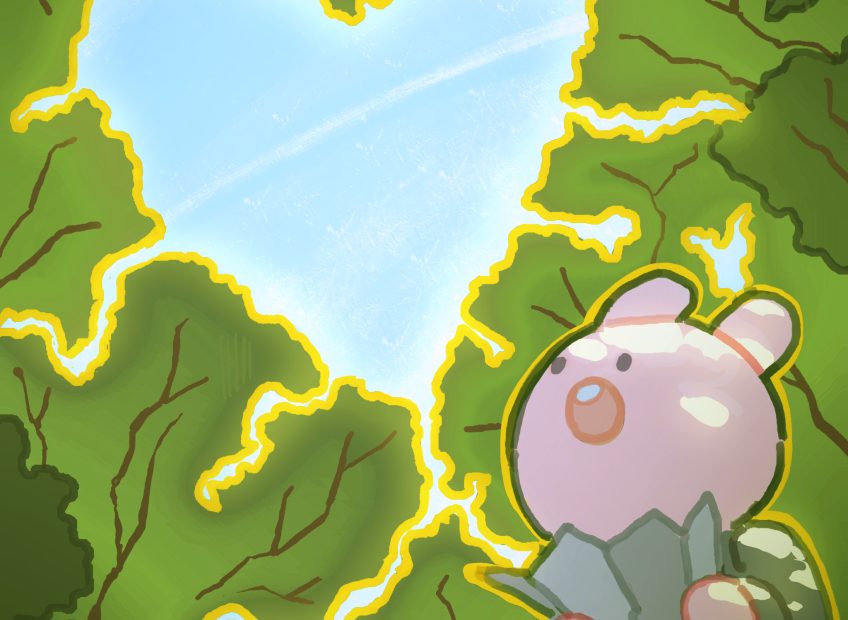 A pink rabbit in holds an unfolded map and looks up with it’s mouth open. Above is a canopy of leafy green trees that part in a heart shape to reveal a blue sky.