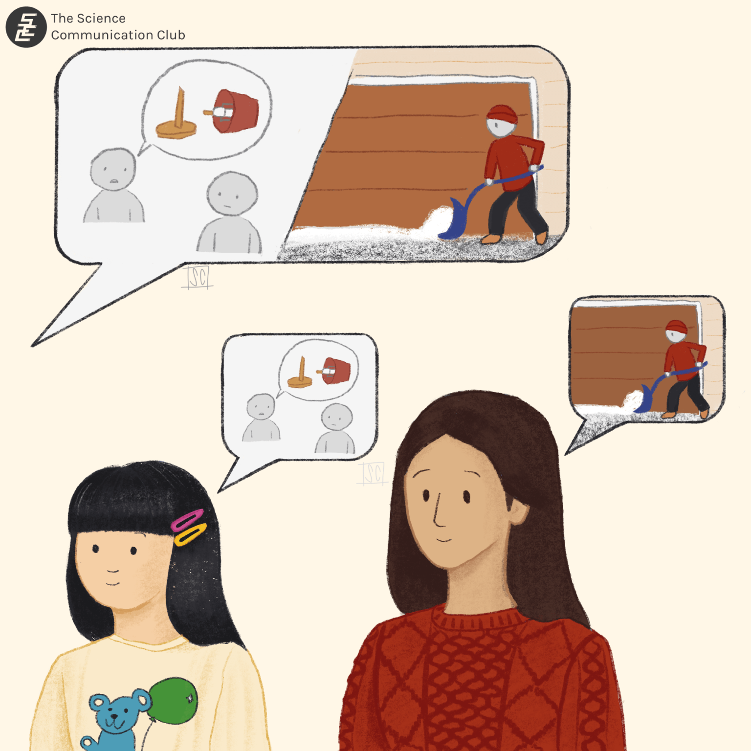 Top left corner has a large speech bubble containing a person telling someone they broke a lamp and someone shoveling snow. Below it is a girl and a woman; the girl has a speech bubble with a person telling someone they broke a lamp and the woman has a speech bubble with someone shoveling snow.