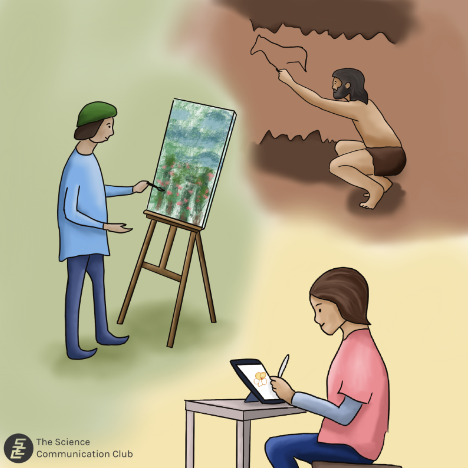 a caveman drawing on the wall inside a cave, a man in renaissance clothing making oil painting on an easel and a woman drawing on a tablet. Together showing the evolution of art making in human.