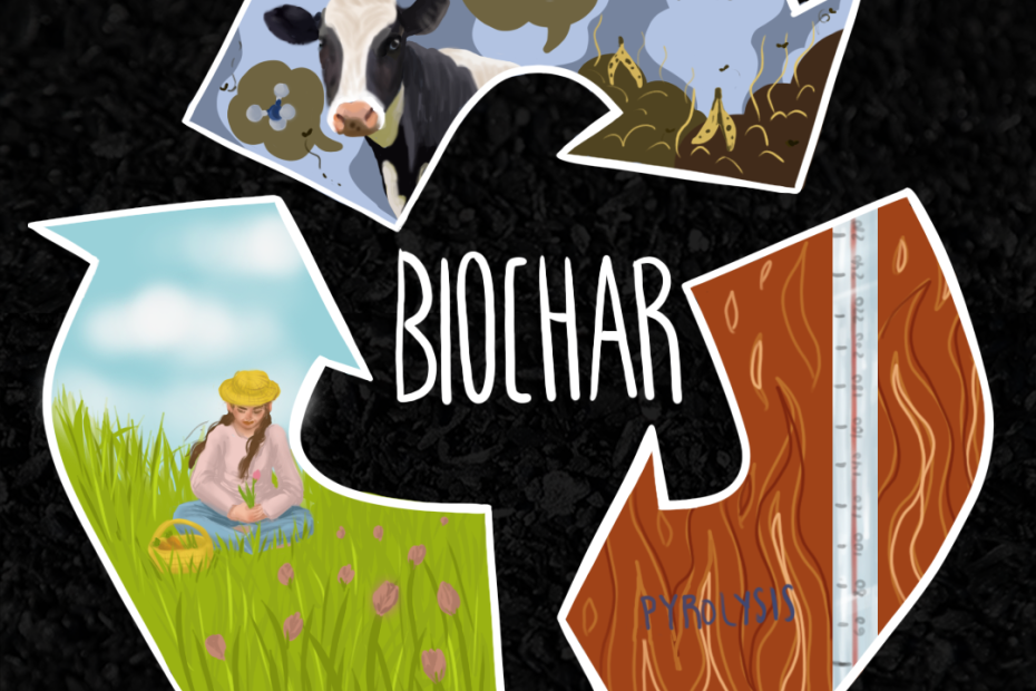 Three thick arrows are arranged in a recycling sign on a grainy black background. In the middle, surrounded by the arrows, "BIOCHAR" is written. Within each arrow is an illustration. For the arrow on the top, a cow is illustrated with multiple methane molecules as well as some piles of garbage with banana peels. The bottom right arrow shows a thermometer. In the background, orange flames are drawn with a title reading, "Pyrolysis". The final arrow on the bottom left depicts a young girl sitting on a grass field with a yellow straw hat. Beside her is a straw basket with some carrots. The field is decorated with many pink flowers.