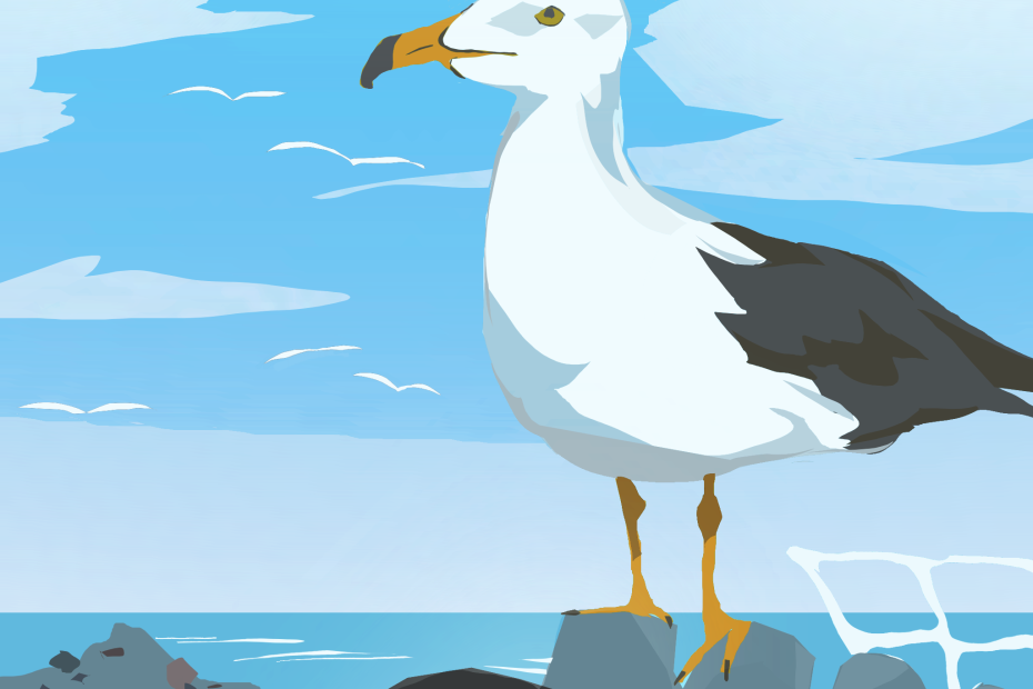 A seagull stands on a pile of trash floating in water, with more islands of garbage in the background. Several birds fly in the blue sky above