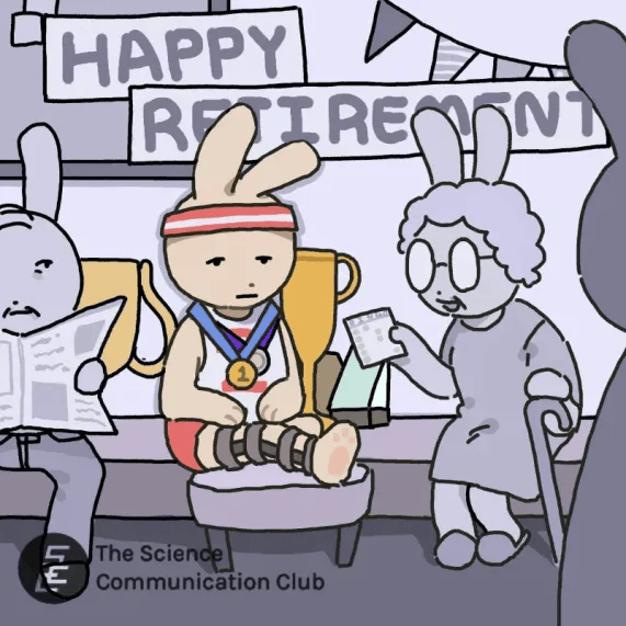 Several anthropomorphic rabbits in a retirement home. One is dressed in athletic wear and flanked by medals and trophies, while surrounding rabbits appear elderly. A banner reading "happy retirement" is hung up behind them.