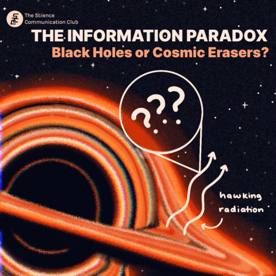 A black hole is positioned in the bottom left corner. Two squiggly lines point to the top right, coming out of the black hole’s accretion disk. An arrow points to them with the label “Hawking radiation.” A zoomed callout on the leftmost squiggly line features three question marks. Everything is set against a black background dotted with stars. Text reading “THE INFORMATION PARADOX” is located at the top of the image, aligned to the right, and “Black Holes or Cosmic Erasers?” is located directly underneath.