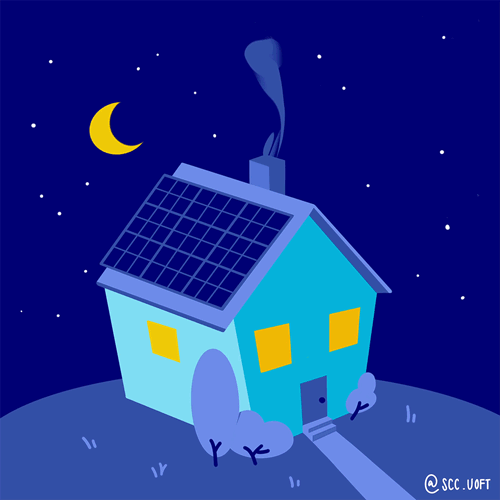 A night scene of a house with an "anti-solar" panel on its roof that is pulsing red. A shooting star passes over the house.