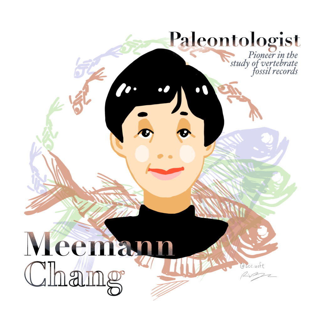 A portrait of Meemann Chang. The text reads "Palaeontologist, pioneer in the study of vertebrate fossil records".