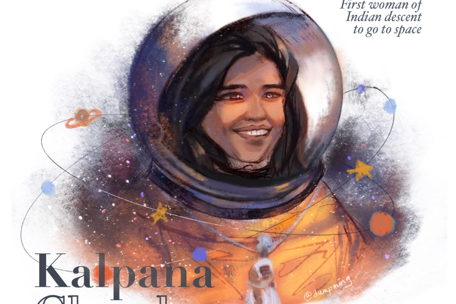 A portrait of Kalpana Chawla. The text reads "Astronaut, first woman of Indian descent to go into space".