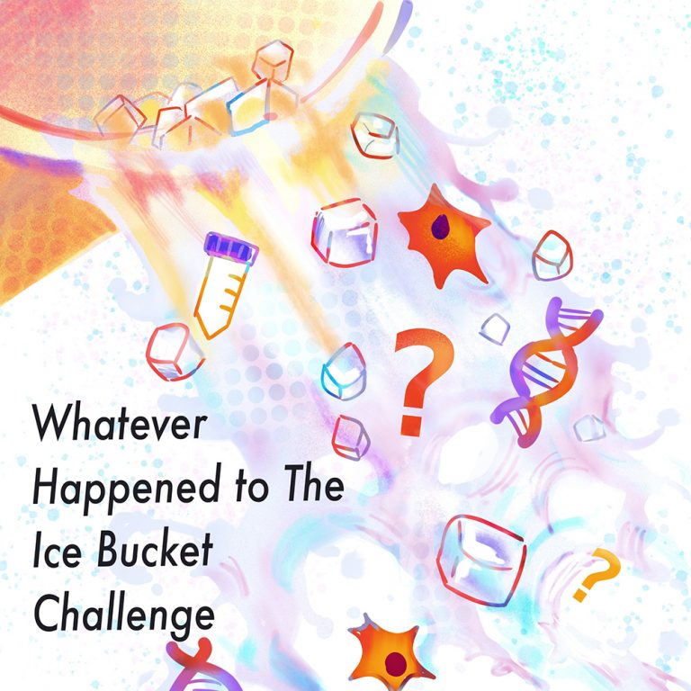 A bucket pouring out water, ice, and various items associated with biology and genetics.