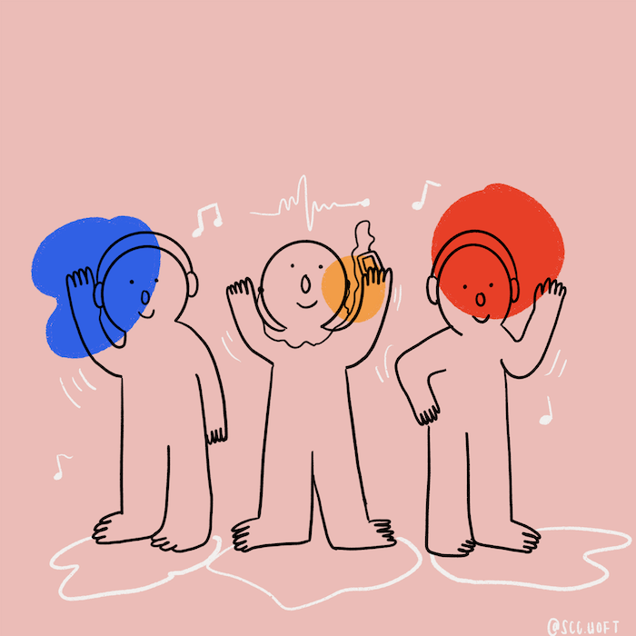 Illustration of three people wearing headphones and dancing to music.
