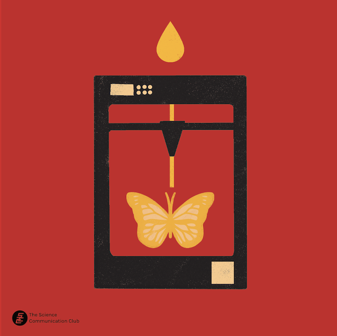 Illustration of a 3D printer creating a plastic butterfly from cooking oil
