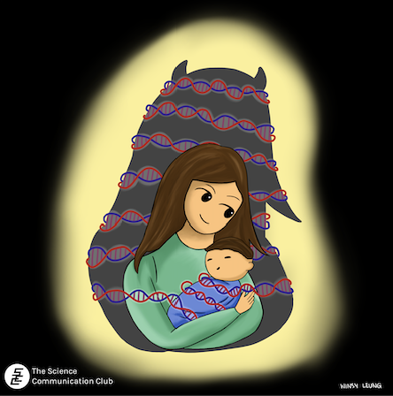 Illustration of mother holding baby, with an ominous horned shadow made of DNA behind them. DNA from the shadow wraps around the baby.
