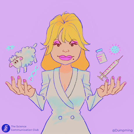 Illustration of Dolly Parton with Dolly the sheep in her right hand, and a COVID vaccine in her left hand