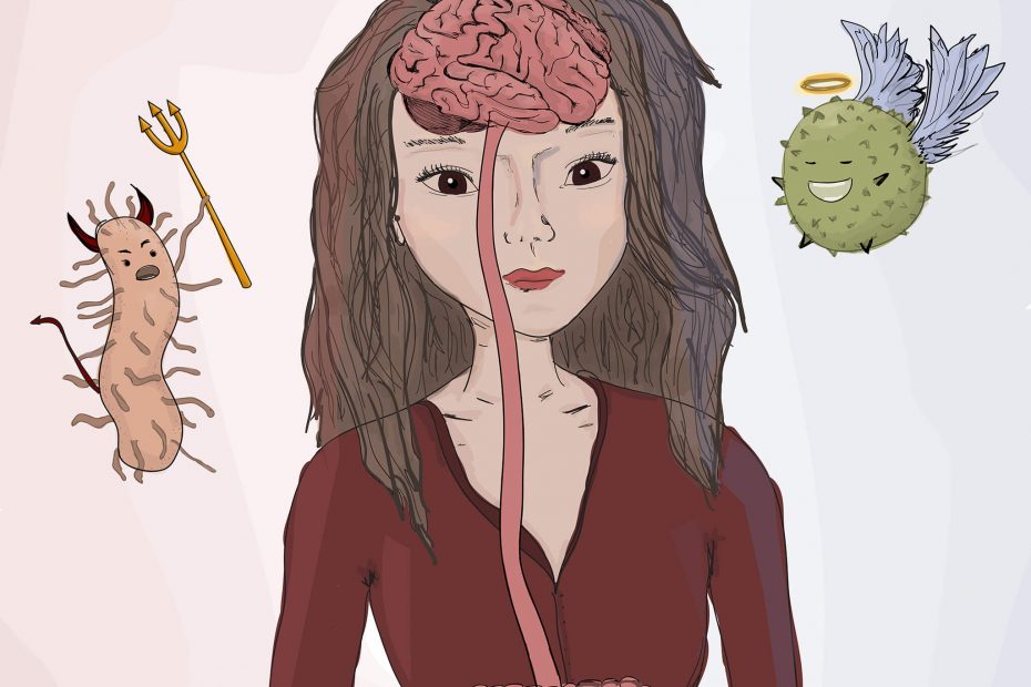 The gut-brain-axis is overlaid on top of a girl who has healthy bacteria (depicted as an angel) and harmful bacteria (depicted as a devil) on either side of her.
