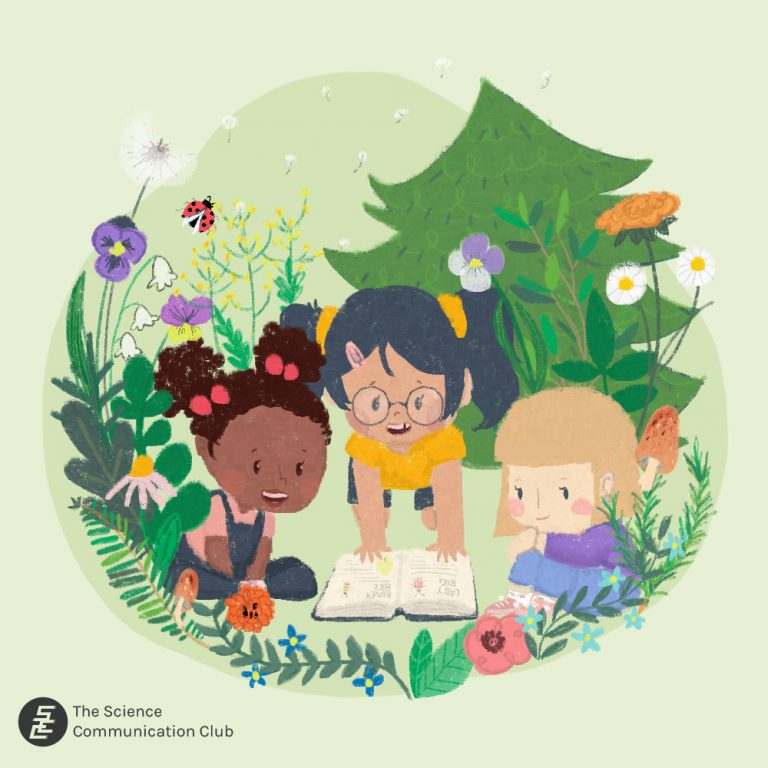 Three girls sitting and reading a book surrounded by wild flowers, plants, tree, and a lady bug.