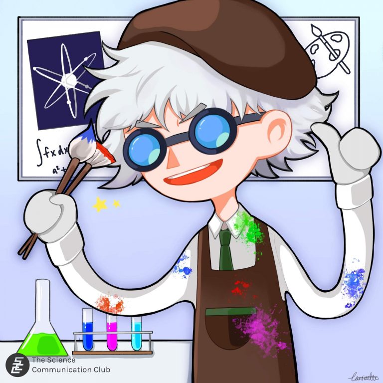 The stereotypical “mad scientist” wearing a beret and holding paint brushes.