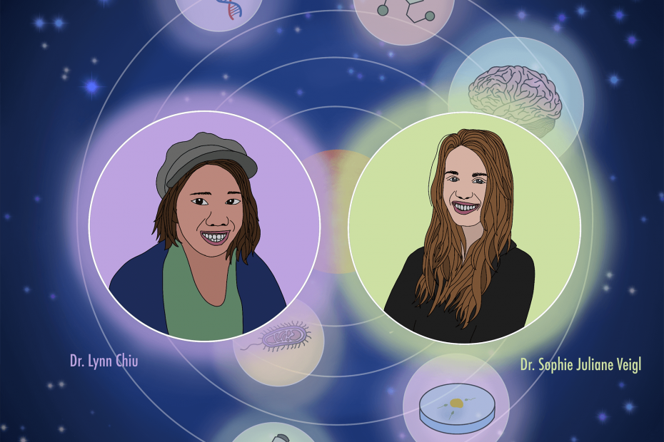 Illustration of Dr. Lynn Chiu on the left and Dr. Sophie Juliane Veigl on the right. Orbiting around them in the background are icons of a strand of DNA, chemical structure, brain, microbe, microscope, and petri dish.