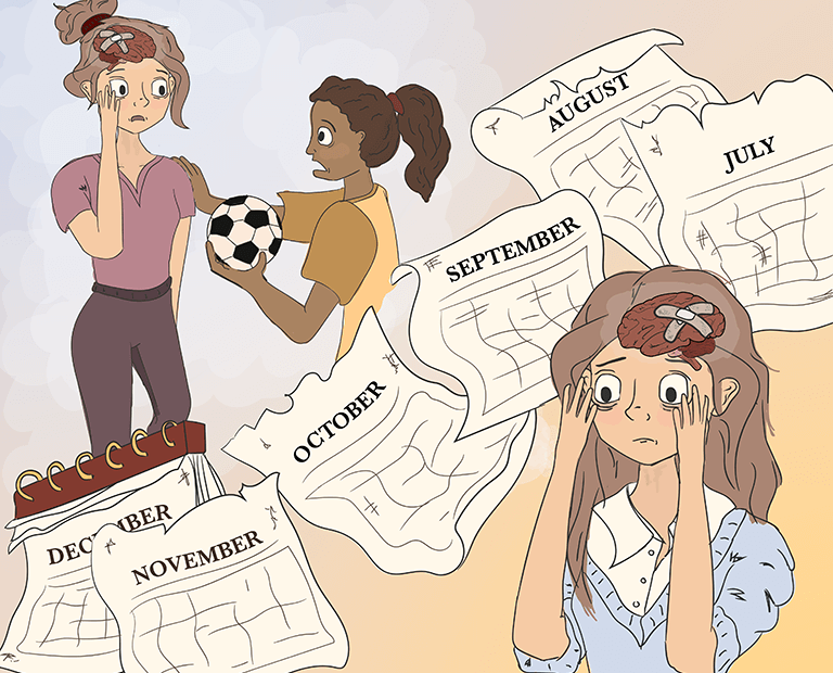 On the bottom right, a person with their brain drawn holds their head thinking of a past incident where another person hit them with a soccer ball (drawn top left). Calendar pages are drawn across the illustration diagonally.