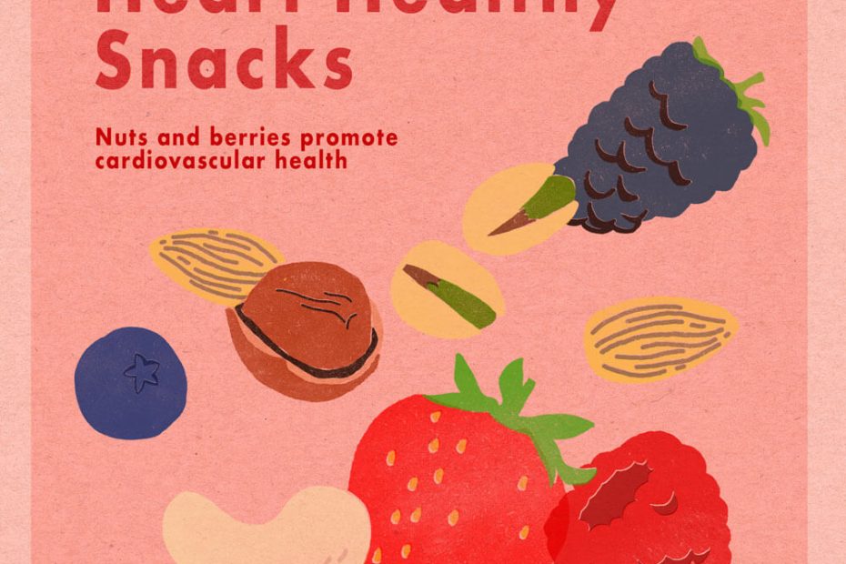 Heart-healthy snacks: nuts and berries promote cardiovascular health. The illustration depicts a variety of fruits and berries, including blueberries, walnuts, pistachios, blackberries, cashews, strawberries, raspberries, and almonds.