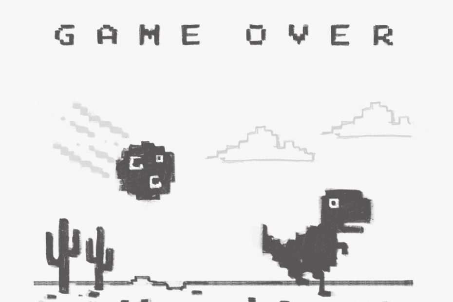 A retro videogame styled dinosaur running away from a meteor in the desert. The text reads "game over".