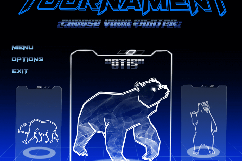 Start screen of a video game titled "The Fat Bear Tournament", portraying different bears as different characters. The subtitle prompts you to "choose your fighter". The winning bear, Otis, is shown in the centre between two other bears.
