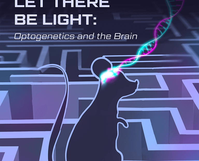 Silhouette of a mouse within a maze. Cyan and magenta coloured light beams originate from its brain and intertwine to form a DNA double-helix shape.