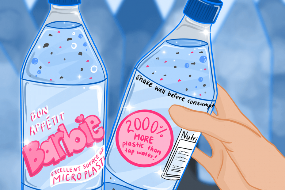 Illustration of bottled water containing microplastics.