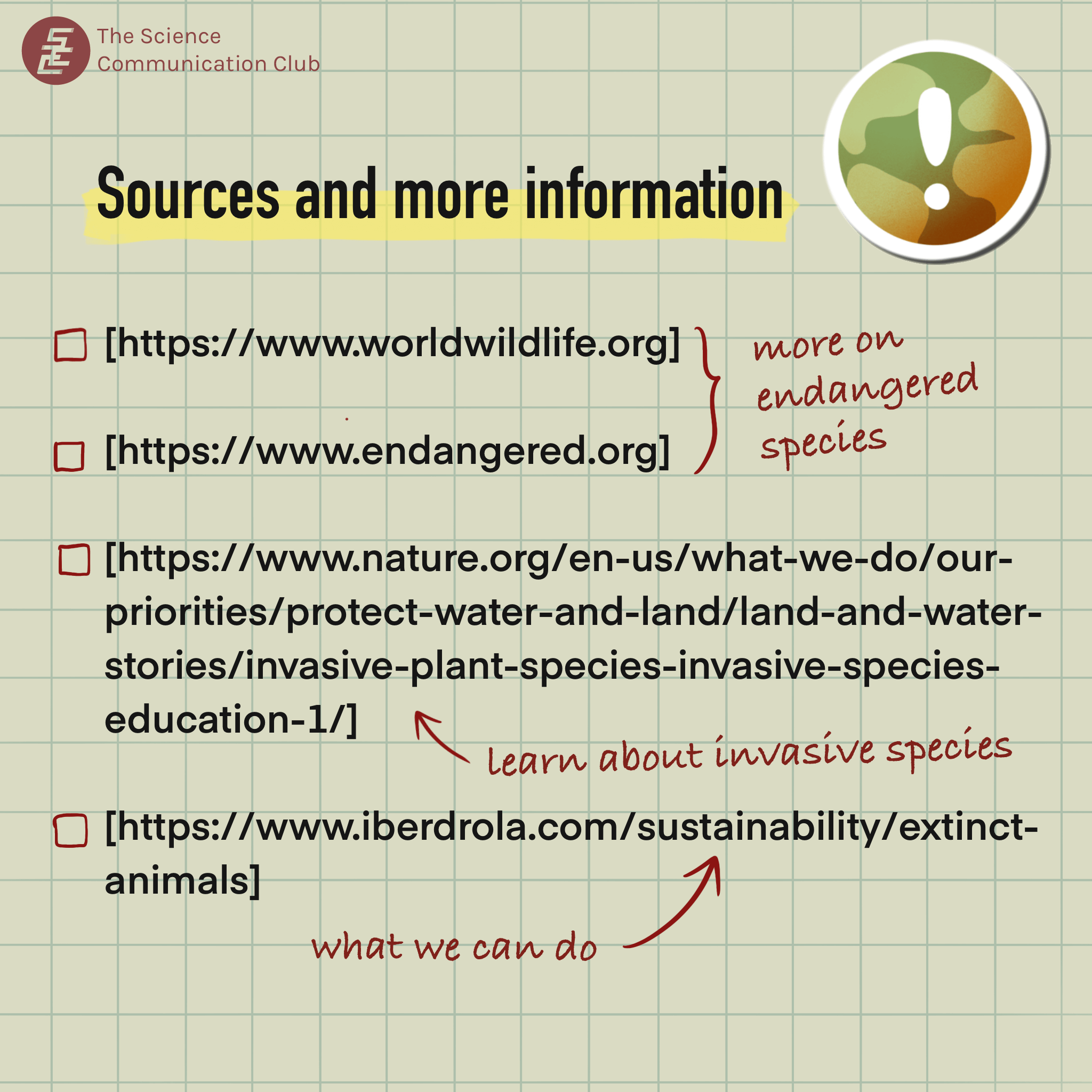 An image listing the sources for these infographics, including worldwildlife.org and endangered.org for information on endangered species, nature.org for invasive species, and iberdrola.com for what we can do to help these species.