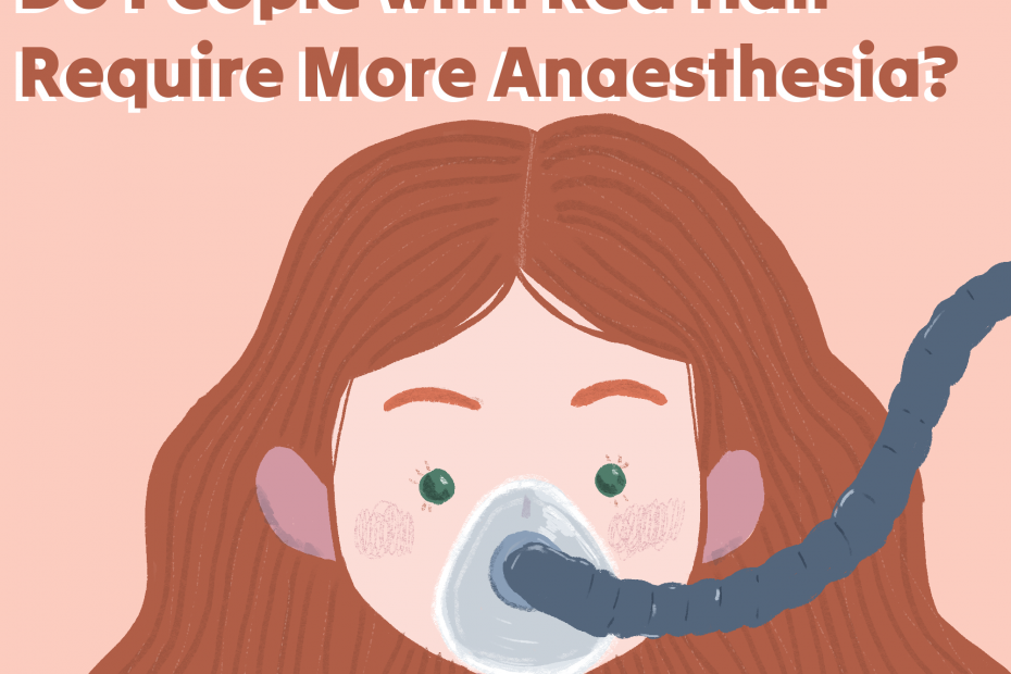 Girl with long red hair with an anesthesia mask. Text above the girl saying "Myth or Fact: Do people with red hair require more anaesthesia"
