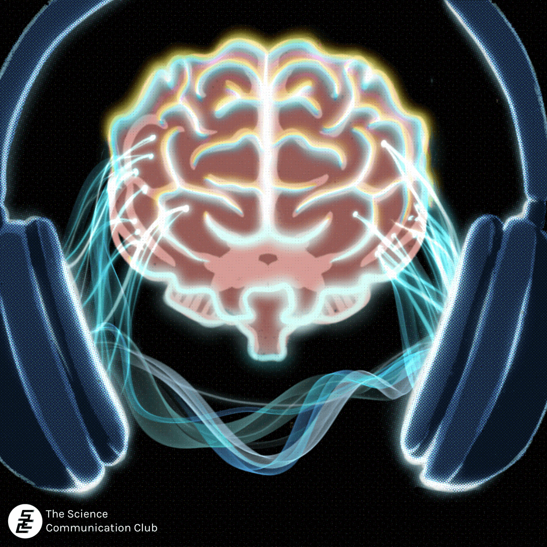 A pair of headphones with a brain in the middle. Neon-coloured sound waves are seen coming out of the headphones and making connections on the brain. The brain is lit up by the same neon colours.