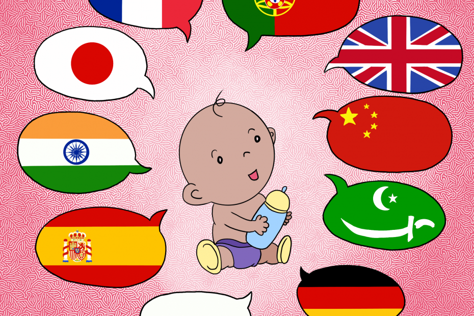 a baby surrounded by speech bubbles with various country flags in each bubble representing a different language. These languages include portuguese, english, chinese, arabic, german, russian, spanish, hindi, japanese and french.