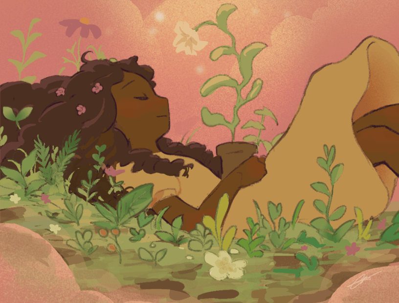 A side view of a woman wearing a yellow dress lies down on a field of plants and flowers suspended in a calming pink cloud world. She holds a plant pot to her stomach, while the plant's white flower glows, looming above her.