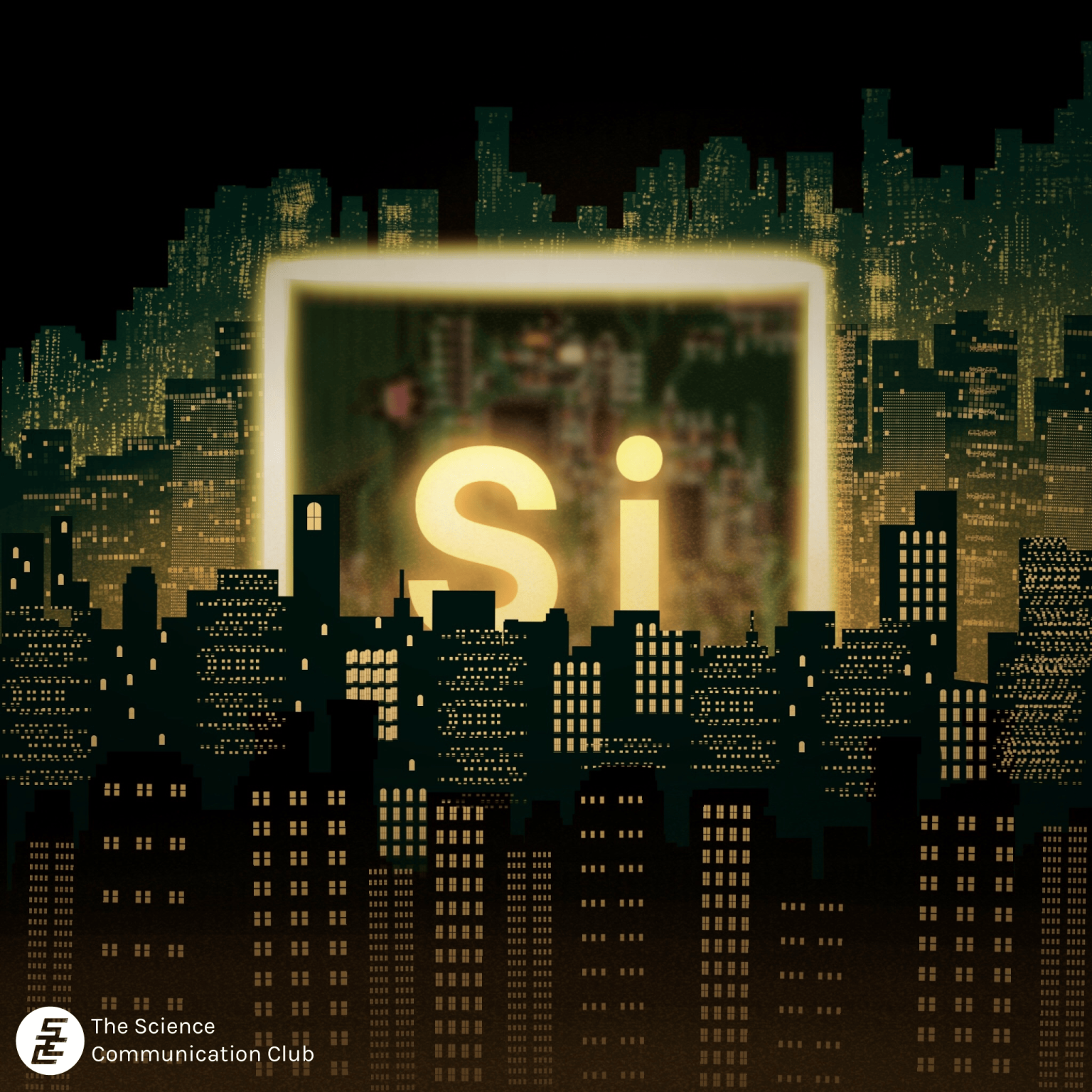 A large square with "Si" written on it to denote silicon is placed in the middle of a large city and illuminates the city surroundings.