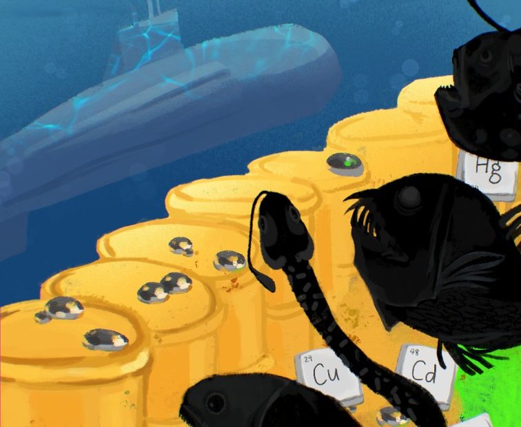 digital illustration of a cluster of black fish swimming upwards across the page. Behind them are a spread of radioactive waste barrels, droplets of mercury, and a submarine.