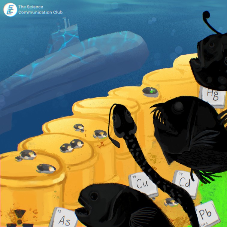 digital illustration of a cluster of black fish swimming upwards across the page. Behind them are a spread of radioactive waste barrels, droplets of mercury, and a submarine.