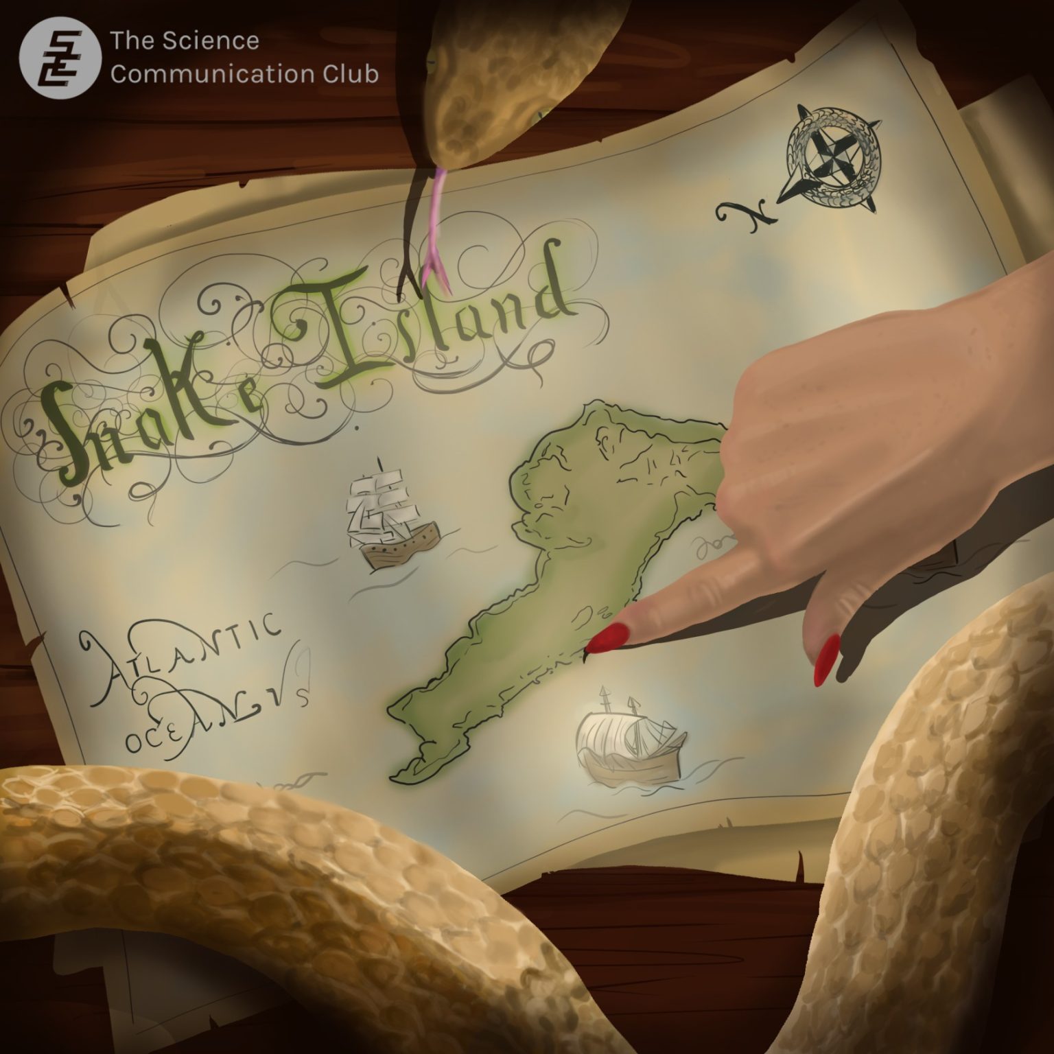 A hand with red nail polish points to the map on the wooden table. The map shows a small island titled "Snake Island" on the top left. Underneath the title "Atlantic Ocean" is written in cursive. Two boats are illustrated around the island and a compass is on the top right of the map. A yellow snake lies around the map.