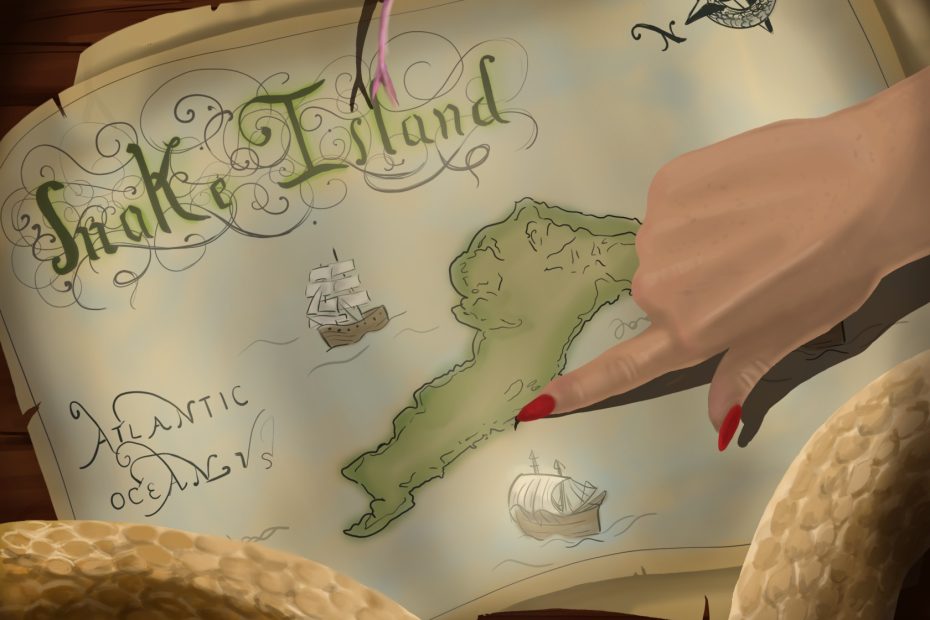 A hand with red nail polish points to the map on the wooden table. The map shows a small island titled "Snake Island" on the top left. Underneath the title "Atlantic Ocean" is written in cursive. Two boats are illustrated around the island and a compass is on the top right of the map. A yellow snake lies around the map.
