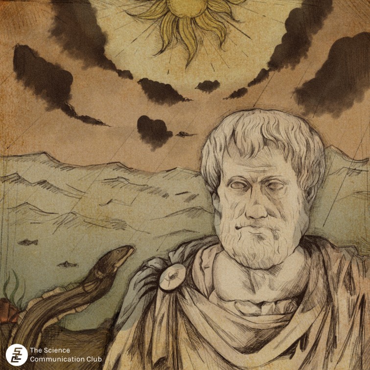 A depiction of Aristotle and his original theory of eel production shown in the background. In the background, an eel appears out of the mud and is brought to life by rainwater.