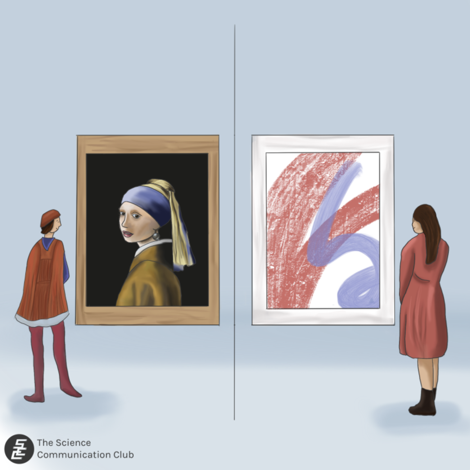 A man dressed in renaissance clothing admiring a renaissance style painting on the right and a woman dressed in modern clothings admiring an abstract painting on the left.