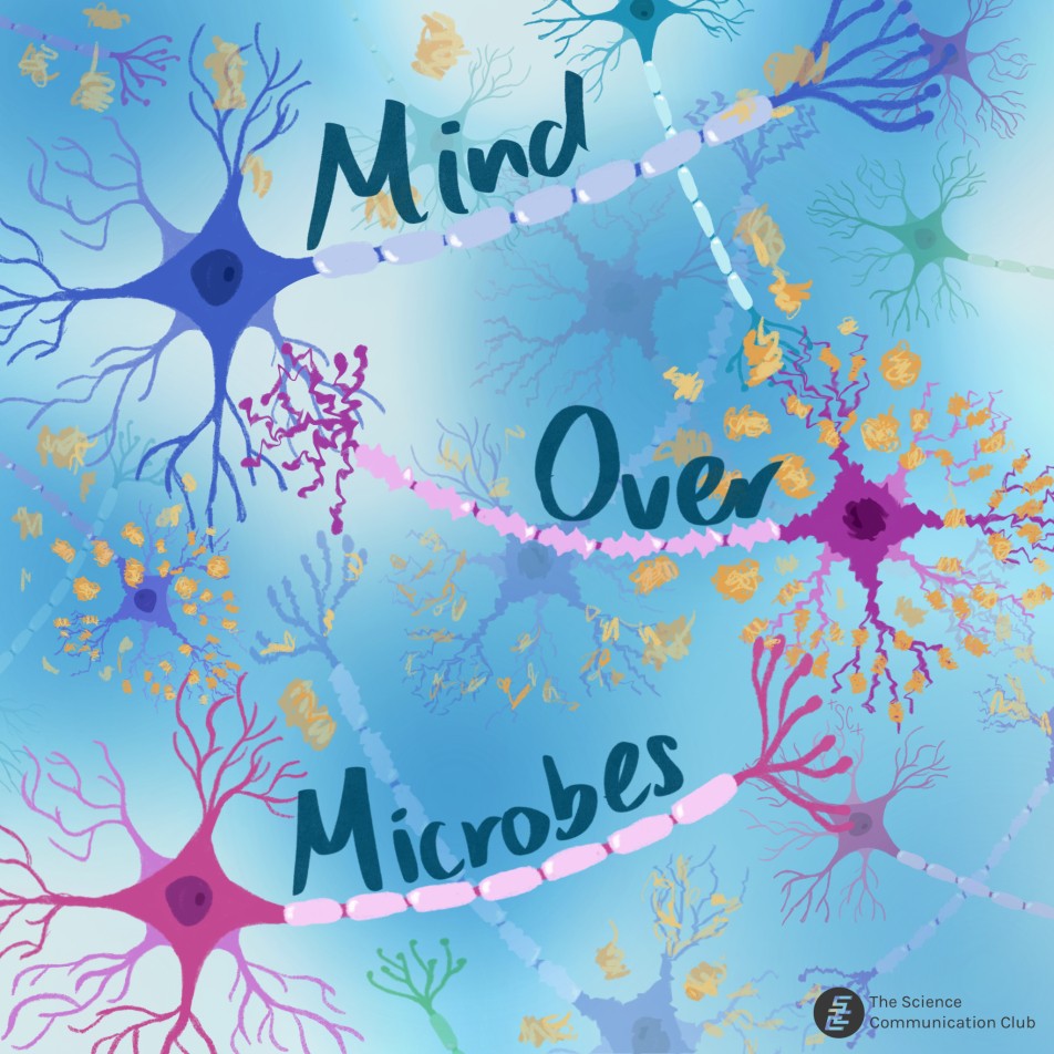 Three neurons - blue, purple, and pink - with the purple one in the center being distorted and its dendrites surrounded by orange plaques are positioned in a zig-zag in front of a background with different shades of blue. Dark blue text reads “Mind Over Microbes,” where each word is positioned above each neuron’s axon. Neurons of varying sizes and colours are placed further in the background.