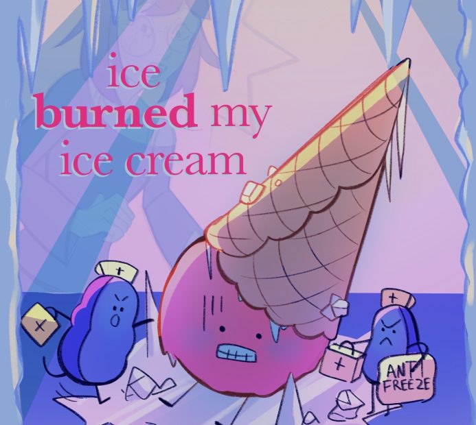 A pink, cartoon ice cream cone with a worried expression is sitting on a bed of ice with icicles along its cone. Two blue protein characters flank the ice cream wearing medical caps and carrying first aid kits. The right protein is also carrying a bag labelled “ANTI FREEZE”. A blue icicle frame is drawn and in the background is a girl with a shocked expression, looking at the ice cream and proteins in the foreground.