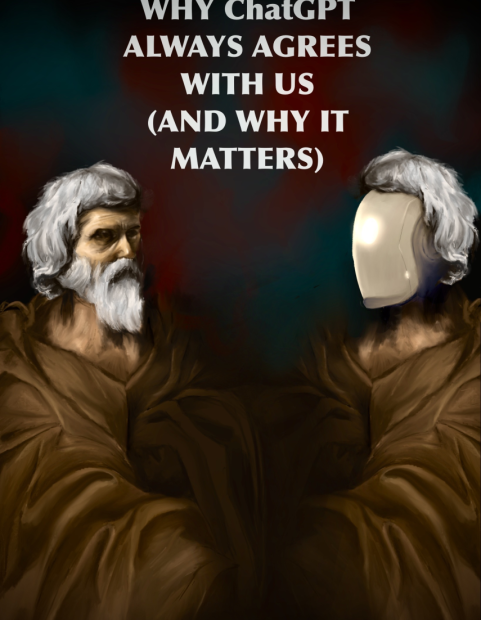 An individual with a thick white beard, wearing brown robes occupies the left half of the frame. Across from them, on the right half of the frame, is an almost mirror image, wearing the same robes and sporting the same hair. The face however, has been replaced for a robot head, with a glowing disc near the centre resembling. The two look at each other and the robot on the right seems to be imitating the person on the left. The background is largely black with some strokes of teal and red. Above the characters is the title of the article written in bold block letters: “WHY ChatGPT ALWAYS AGREES WITH US (AND WHY IT MATTERS)”.