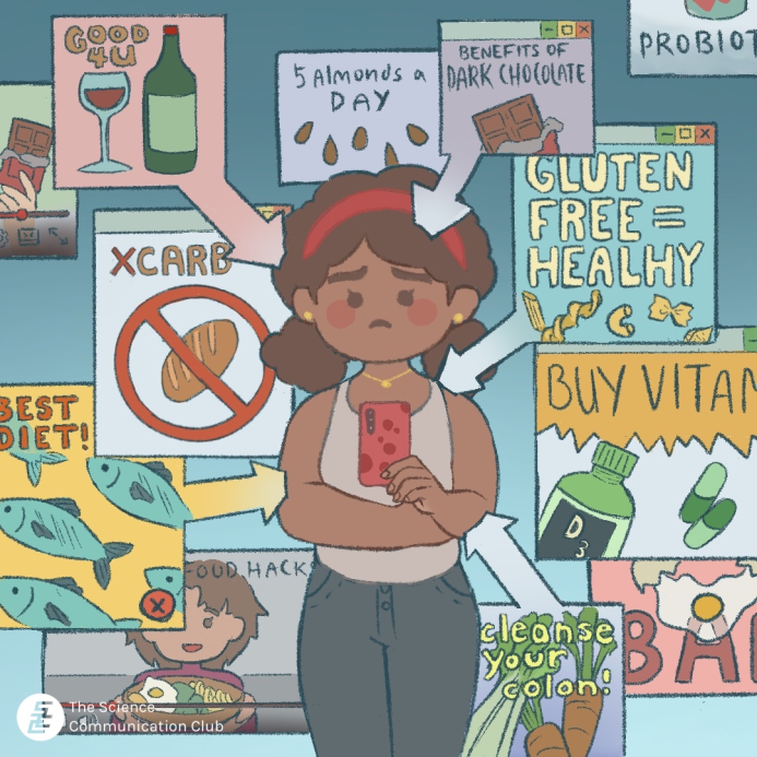 A woman with dark curly hair stands in the middle, brows furrowed and looking at her phone with a red spotted phone case. A series of pop-up ads and paused video images surrounds her, some with arrows pointing directly at her and poking her body. The ads have titles such as "GOOD4U" or "BEST DIET!" or "GLUTEN FREE = HEALTHY" or "FOOD HACKS", etc. The pictures depict a series of food items, such as crossed-out bread, red wine, different pasta shapes, eggs, fish, almonds, etc. All the pictures showcase some food wellness claim.